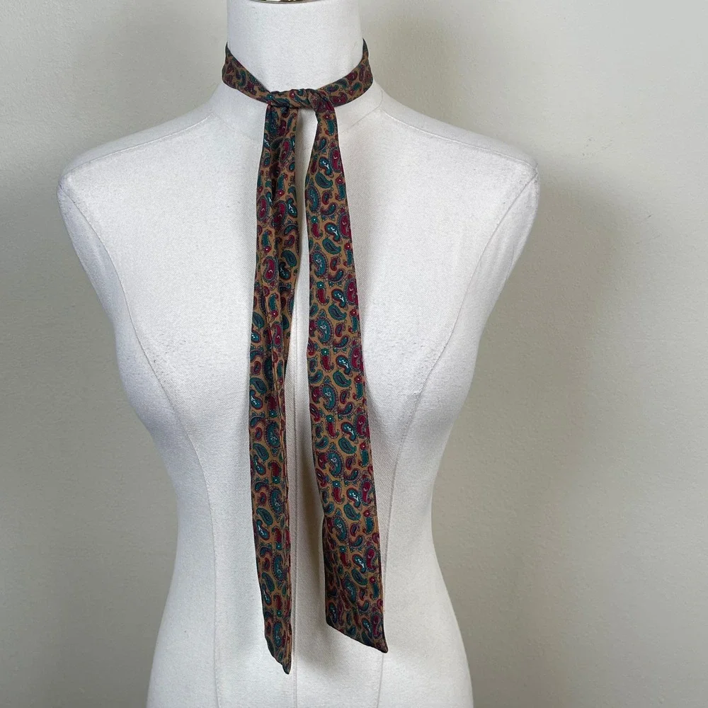 Vintage Paisley Necktie Skinny Scarf Hair Purse Women Brown Boho 70s Retro